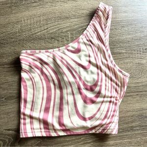 Pink and White Swirl One Shoulder Tank Top